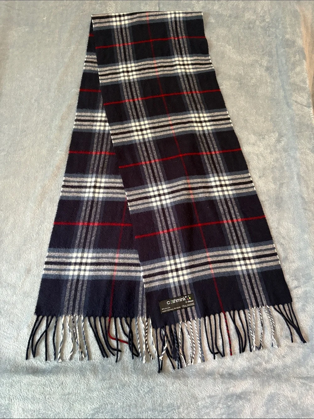 V. FRAAS Navy Plaid Scarf with Red and White Windowpane